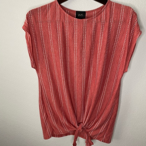 W5 Knit Top Size XL Coral Orange White Stripe Beachy Boho Tie Front - Picture 7 of 7